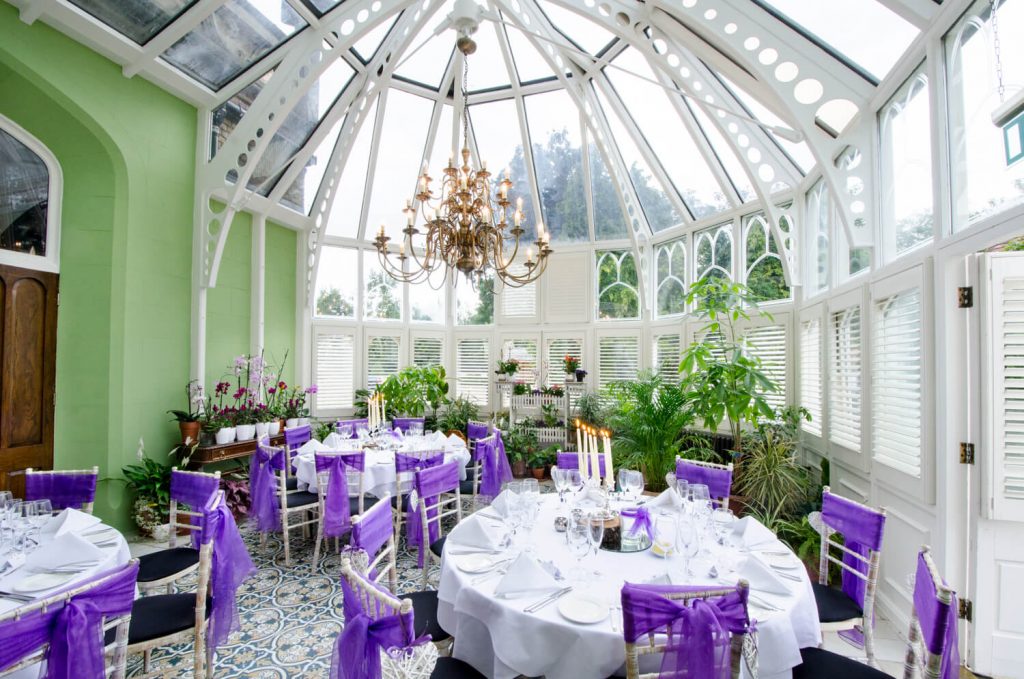 Oakley Court wedding photography of the meal setup the Victorian Glasshouse