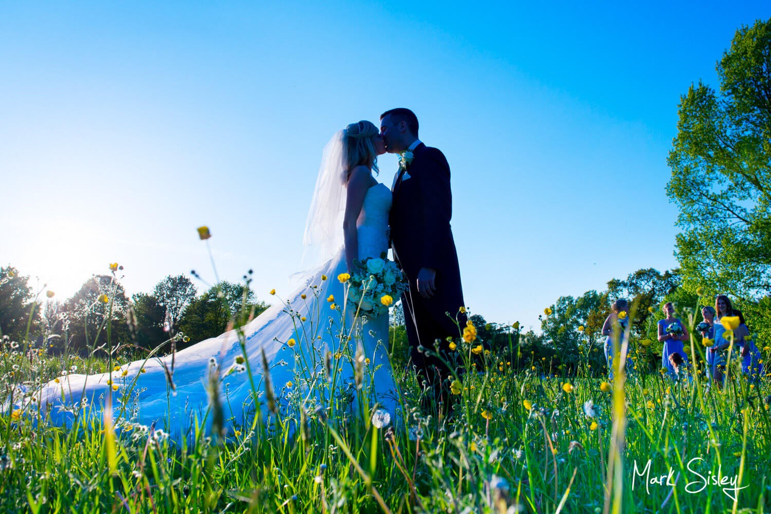 Dorton House wedding picture through the wildflower meadow