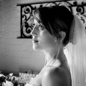Black and white portrait of bride at The Dairy Waddesdon wedding