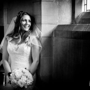 Black and white portrait of bride at Taplow Parish Church wedding