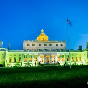 Exteriors photography at dusk at Stoke Park Hotel Buckinghamshire