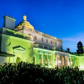 Exteriors photography at dusk at Stoke Park Hotel Buckinghamshire