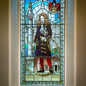 Architectural detail photography of stained glass window of Sir Christopher Wren at Sir Christopher Wren House Hotel Windsor wedding