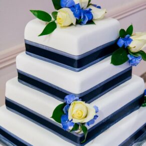 Black and white wedding cake at Sir Christopher Wren House Hotel Windsor wedding