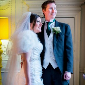 Natural light portrait of bride and groom at Stoke Place wedding