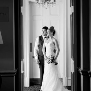 Black and white portrait of bride and groom at Taplow House Hotel wedding