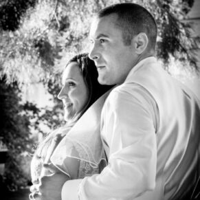 Black and white portrait of bride and groom at Taplow House Hotel wedding