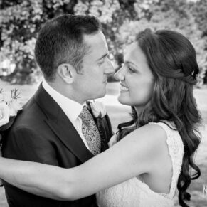 Black and white photography of bride and groom at Taplow House Hotel wedding