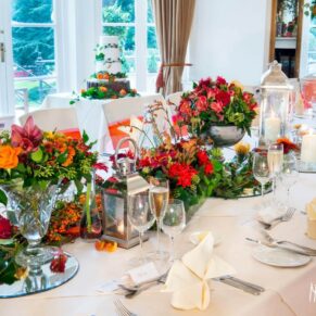 Autumnal wedding breakfast place setting at Taplow House Hotel wedding