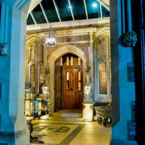 Entrance portico at Oakley Court Hotel winter wedding