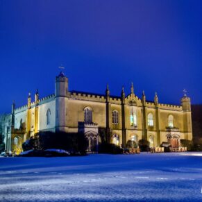 Snow on lawns at Missenden Abbey winter wedding