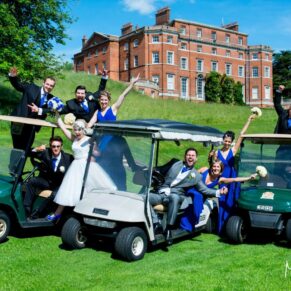 Brocket Hall fun wedding photographs of the bridal party with golf buggies