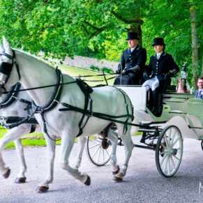 Clearwell Castle wedding image of the horses and carriage making its way along the driveway