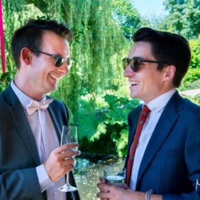 Dairy Waddesdon wedding day banter on the terrace