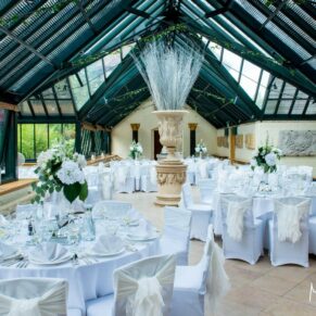 The Wintergarden ready for the meal at Dairy Waddesdon Manor wedding