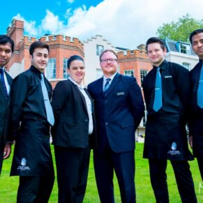 Buckinghamshire business portraits - team pose outside Taplow House Hotel