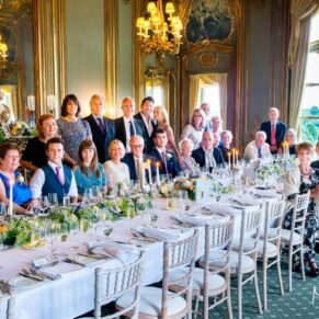 Cliveden House wedding images of all the guests around the banqueting table in the French Dining Room