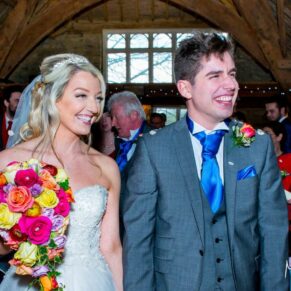 Bride and groom at Notley Tythe Barn wedding