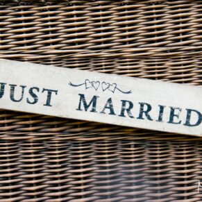 Just Married wedding decor at Notley Tythe Barn wedding
