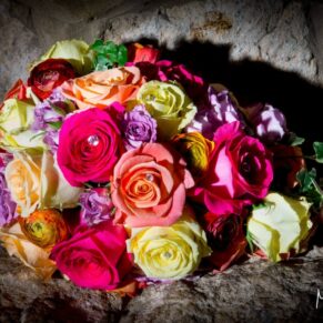 Beautiful vivid wedding bouquet at Notley Tythe Barn wedding