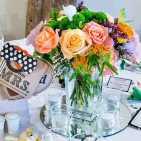 Close-up of wedding flowers at Notley Tythe Barn wedding