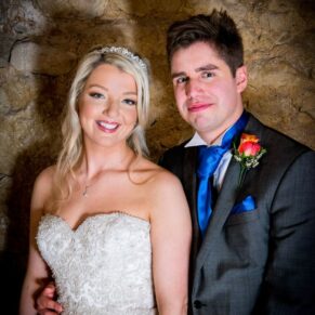 Portrait of bride and groom at Notley Tythe Barn wedding