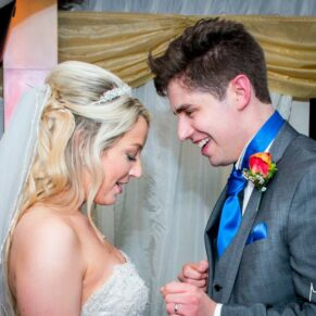Bride and groom at Notley Tythe Barn wedding