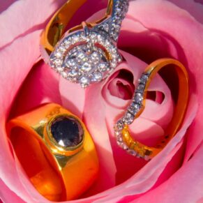 Buckinghamshire wedding detail photography of the rings on a pink rose
