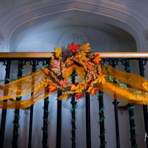 Buckinghamshire wedding detail photography at Missenden Abbey of autumnal floral display