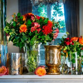 Mirror floral displays at Taplow House autumn wedding