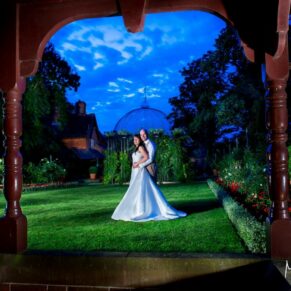 Dairy Waddesdon floodlit wedding photographs of the newlyweds at dusk