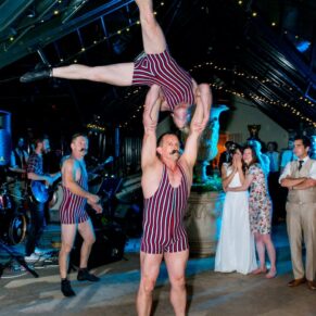 Dairy Waddesdon wedding photographs of the acrobats performing during the evening reception