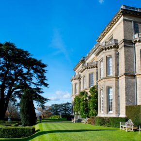 Hedsor House wedding photographs of the exterior of the venue under blue skies