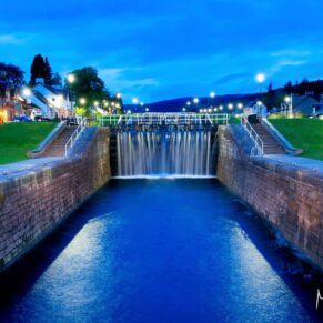 Commercial photography Buckinghamshire - the ladder of locks at Fort Augustus being floodlit at dusk
