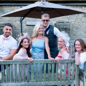Notley Tythe Barn wedding guests on the terrace