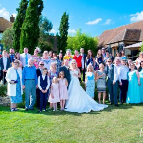 Notley Tythe Barn wedding family group pose