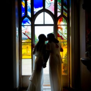 Same sex gay Buckinghamshire silhouette wedding photography at Missenden Abbey