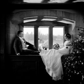 Silhouette portrait of the newlyweds at Eynsham Hall Christmas wedding