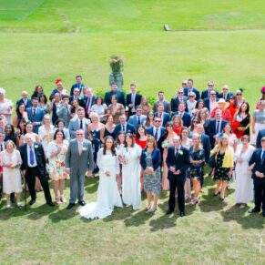 All the guests at Missenden Abbey wedding from a window above