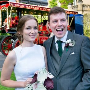 Missenden Abbey wedding pictures of the newlyweds with Verity the steam engine