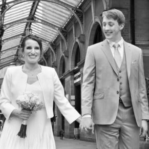 Marylebone Station wedding photography of the newlyweds taking a stroll