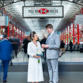 Marylebone Station wedding photography of the newlyweds on the concourse