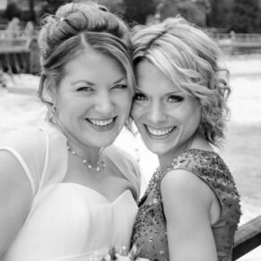 Buckinghamshire black and white wedding photography of bride and her girlfriend
