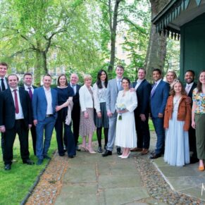 Marylebone wedding photography - Group pose in the gardens at the Dorset Square Hotel