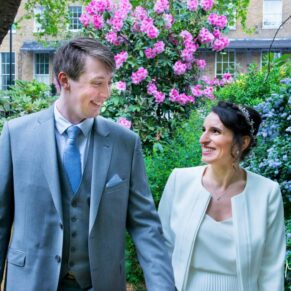 Marylebone wedding photography - The newlyweds in the gardens at the Dorset Square Hotel