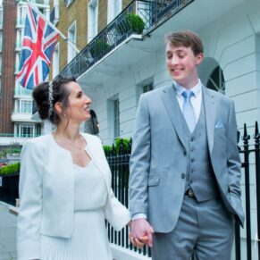 Marylebone wedding photography - Strolling along outside the Dorset Square Hotel