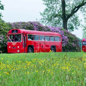 Hampden House London red wedding buses arriving at the venue