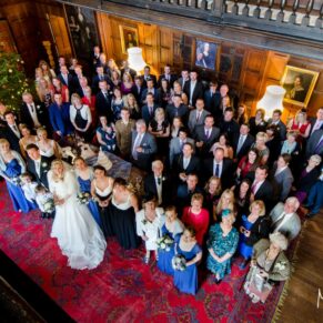 Hampden House Christmas wedding group shot in the Great Hall