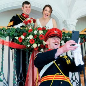 Selfie pose at Missenden Abbey military wedding