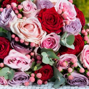 The vibrant bridesmaids bouquets captured in the glorious sunshine at Sopwell House